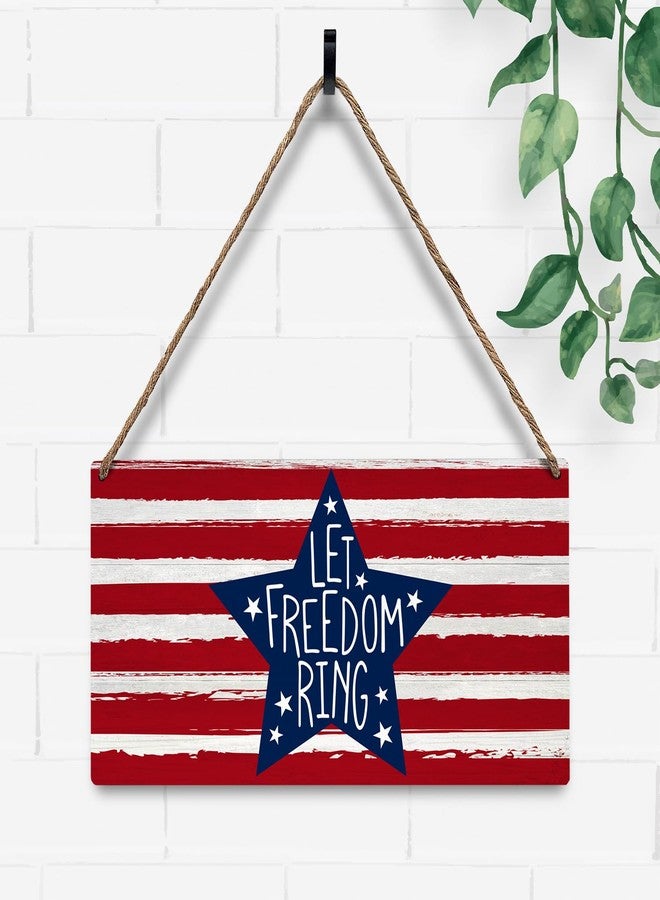 JXREQ 4th of July Decorations Door Sign, Patriotic Wall Decor, Let Freedom Ring Independence Day Decor, Rustic Hanging Wooden Plaque with Rope for Front Door Porch Decor, 12x6 Inch - Image 4